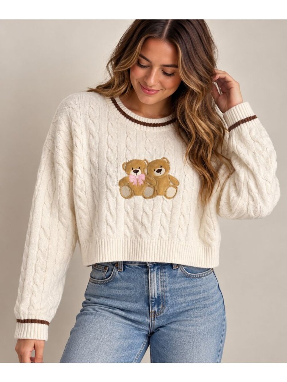 Stella Tweed Teddy Bear Cable Knit Sweater Womens M White Coquette Preppy